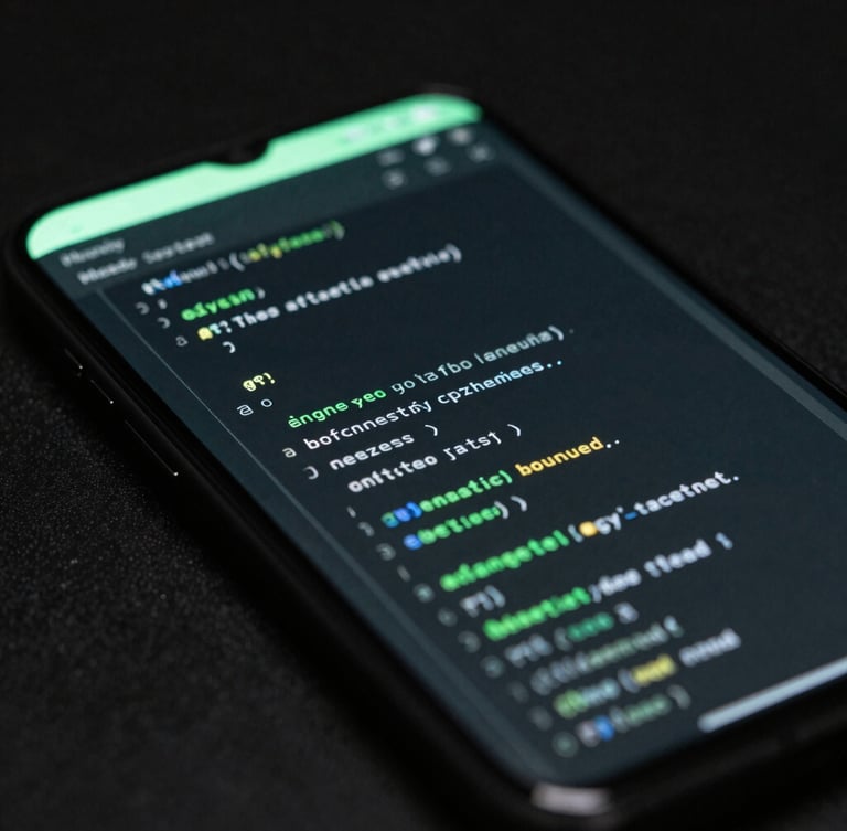 Moody technical photography of a high-end Android smartphone screen showing clean code IDE lines reflected on the glass, low-key studio lighting with sharp emerald green accent glow