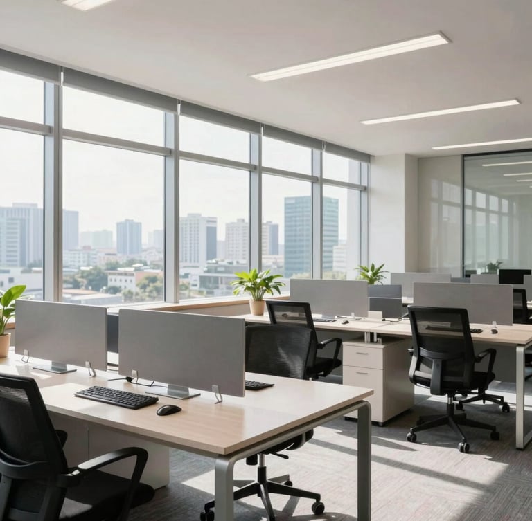Wide shot of a bright, modern corporate office in Davao City, natural sunlight streaming through large windows, sleek desks, professional workspace, 35mm