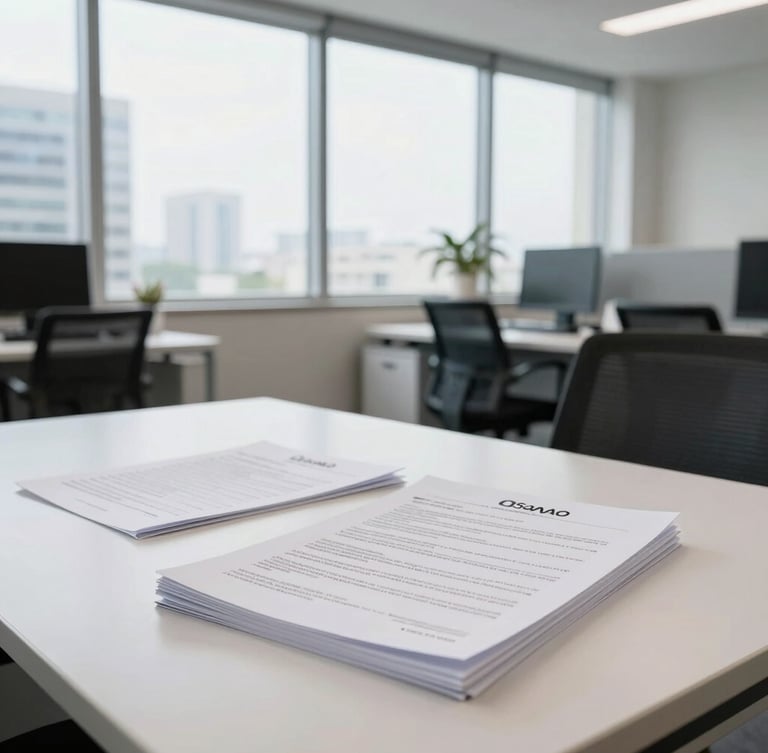 A bright corporate office in Davao City, natural light streaming through large windows, clean desks, professional documents on a table, 35mm