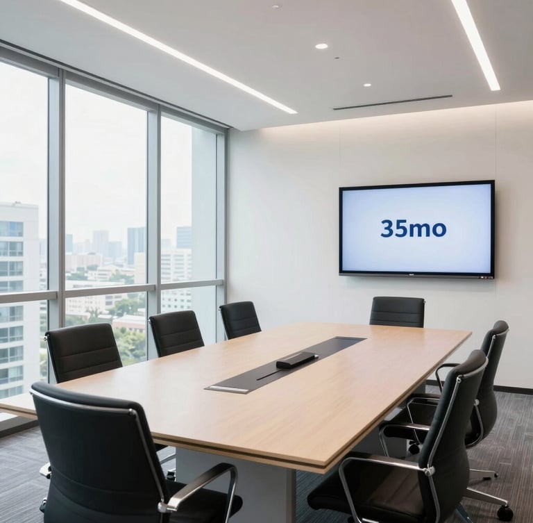 Bright corporate meeting room in Davao, large glass windows with natural light, minimalist conference table, modern black chairs, presentation screen on wall, 35mm