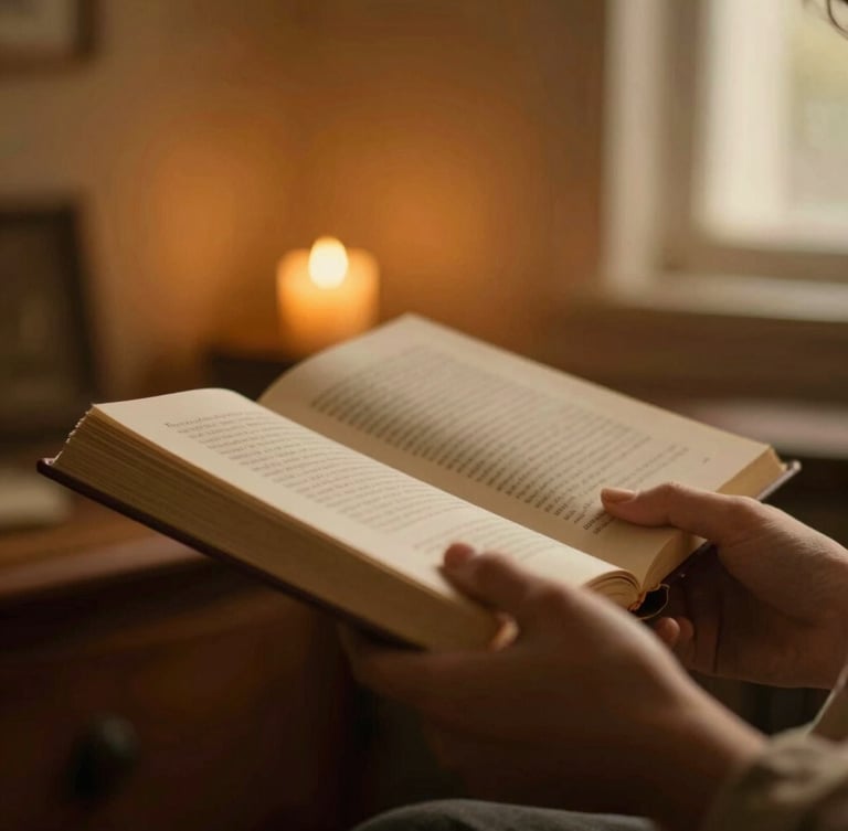 Close-up of hands holding an open book in a quiet room, soft candlelight flickering in the background, rich amber tones, warm editorial style, shallow depth of field