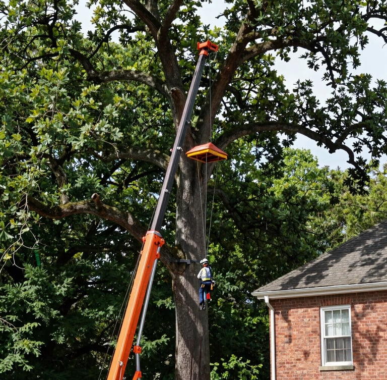 A heavy-duty crane stabilizing a tall, decaying oak tree next to a brick house in Wilson, a rigger in a helmet securing synthetic lines, high-contrast forest green canopy.