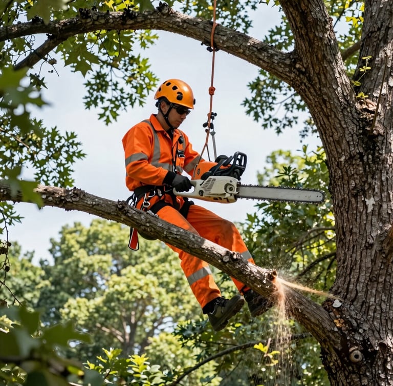 Low-angle portrait shot of a professional arborist wearing high-visibility orange safety gear and a helmet, suspended high in a mature oak tree, executing a clean cut on a thick limb with a chainsaw. Bright daylight, crisp depth of field.