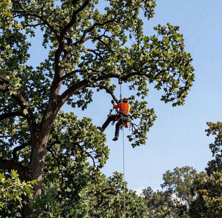 Low-angle heroic shot of a professional arborist in high-vis safety gear operating a crane rigging system near a mature oak tree under clear daylight.