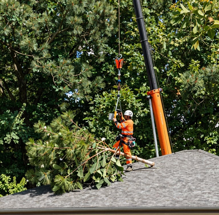 Wide low-angle shot of a professional arborist in high-vis safety gear operating a crane to lift a large pine limb safely over a residential roof, bright daylight