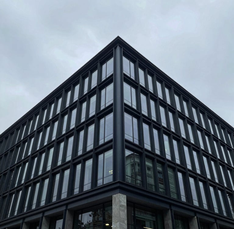 Wide-angle architectural detail of a modern corporate office facade with clean geometric lines, cool overcast daylight, sharp focus, 35mm