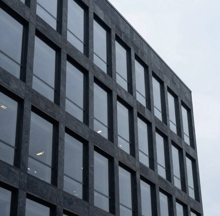 Architectural detail of a modern corporate office facade in South Jordan, Utah, overcast daylight, sharp focus, 35mm