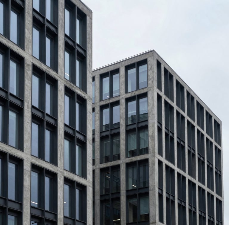 Architectural crop of a modern corporate office building with concrete and dark steel lines, cool overcast daylight, sharp focus, 35mm
