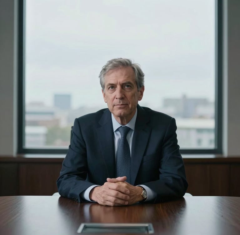 Environmental portrait of a senior business advisor in a structured, sunlit boardroom, looking thoughtfully off-camera, cool tones, sharp focus
