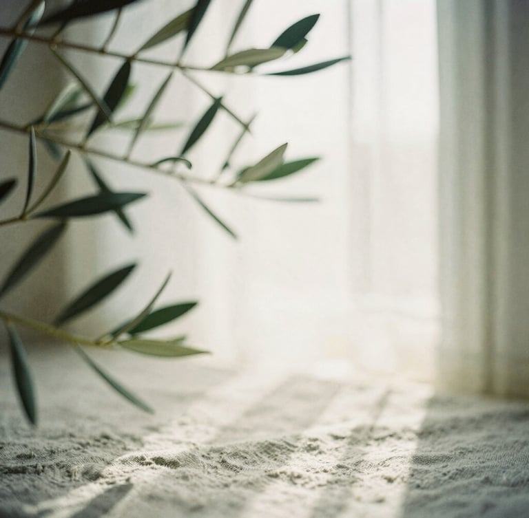 Soft morning sunlight filtering through olive leaves, casting gentle shadows on a linen surface, warm tones, 35mm