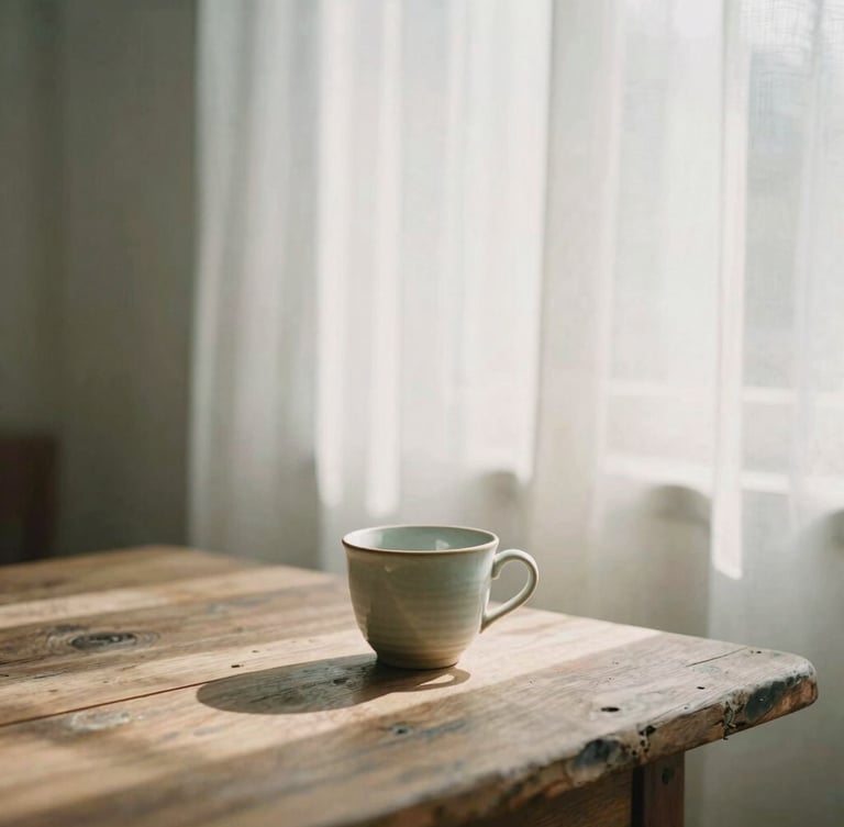 Soft morning light filtering through linen curtains, a single ceramic cup on a weathered wooden table, minimalist serene atmosphere, warm editorial photography, 35mm