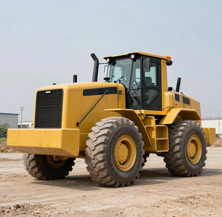 Heroic portrait of a giant yellow Shantui SD22 bulldozer parked in a dry industrial yard, low-angle shot, metallic details gleaming, harsh daylight