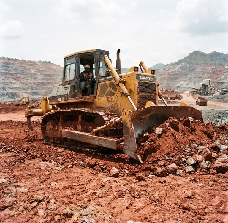Low-angle heroic shot of a yellow Shantui bulldozer on a red-dirt Congolese mining site, harsh natural daylight highlighting metallic textures, 35mm