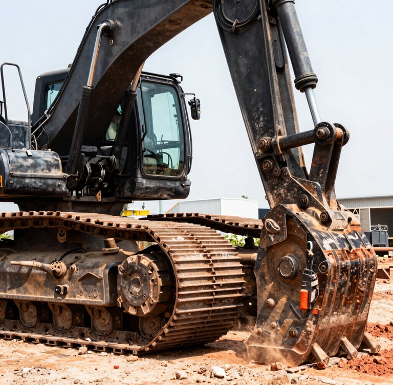 Close-up of a heavy machinery hydraulic arm and tread, dust and red dirt, intense industrial environment, high-contrast daylight, 35mm