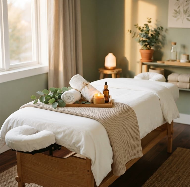 Pristine massage room with crisp white linens, soft golden candle lighting, rolled towels next to eucalyptus leaves, warm editorial photography, soft golden-hour window light, calming sage and beige tones, shallow depth of field, 35mm