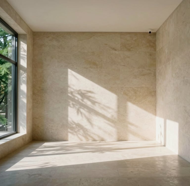 Wide architectural shot of a quiet, empty private office interior with warm limestone walls, linen textures, and soft morning light filtering through forest green cypress shadows