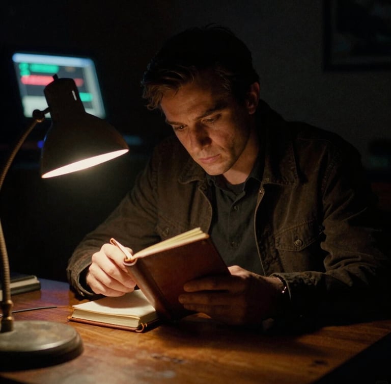 Cinematic portrait of a man in deep shadow, warm localized desk-lamp light illuminating a leather field journal, low-key 35mm film grain