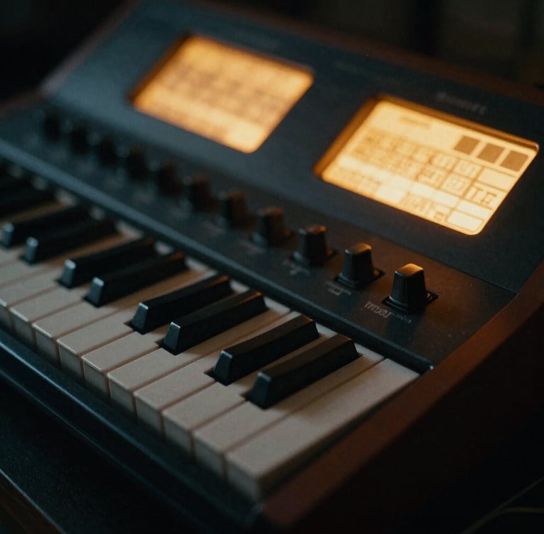 Moody low-key macro shot of an analog synthesizer keyboard with warm amber glowing terminal screens in the background, cinematic 35mm film grain.