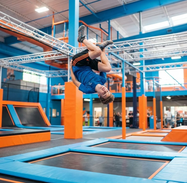 Dynamic low-angle action shot of a teenager mid-air performing a front flip on a trampoline, bright high-key indoor lighting, crisp 35mm, vibrant blue and orange park interior in background