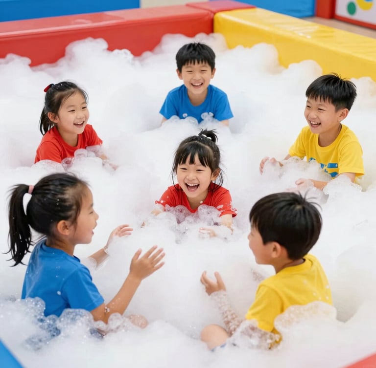 Vibrant action photography of a happy family laughing together in a clean, brightly lit foam pit, bright high-key indoor lighting, saturated energetic colors, dynamic low-angle framing, crisp 35mm.