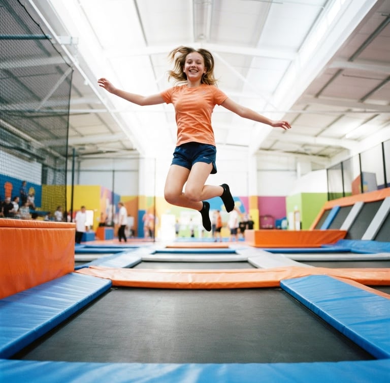 Vibrant action photography of a teenager mid-air performing a safe jump on a trampoline, bright high-key indoor lighting, saturated blue and orange safety pads, dynamic low-angle framing looking up, crisp 35mm.