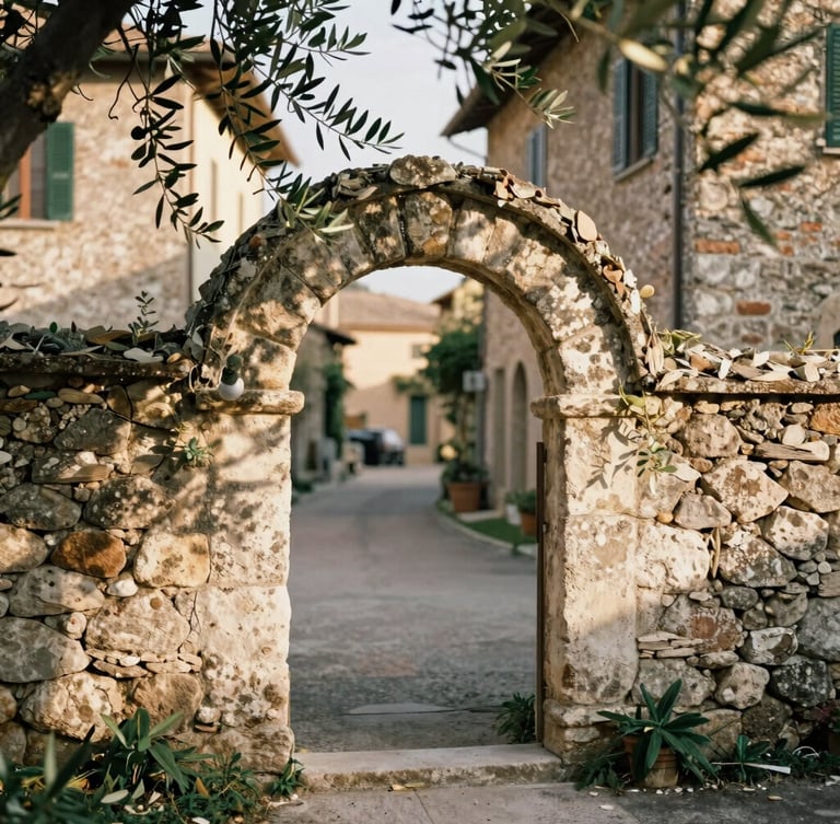 Vertical portrait of a weathered stone archway in a quiet Italian village, olive branches framing the top, soft warm afternoon sun casting gentle shadows, 35mm film