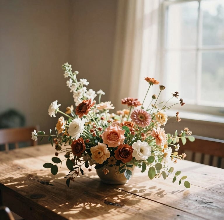 A vertical portrait of a wild, asymmetrical floral arrangement on a rustic wooden table, warm diffused afternoon sunlight filtering through a window, soft terracotta and sand tones, shallow depth of field, 35mm film
