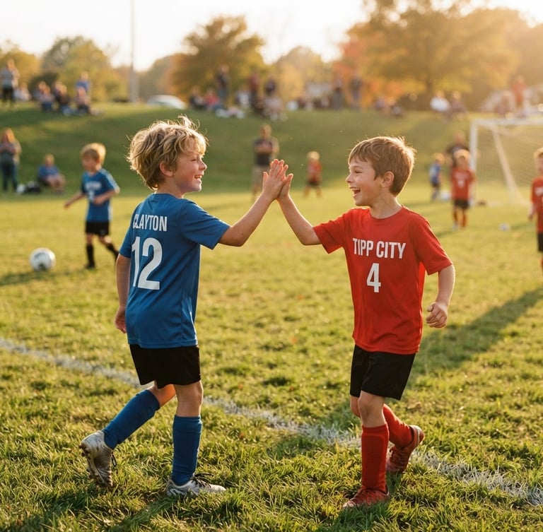 Warm candid sports photography of local Ohio kids high-fiving on an outdoor soccer field during golden hour, 35mm, shallow depth of field.