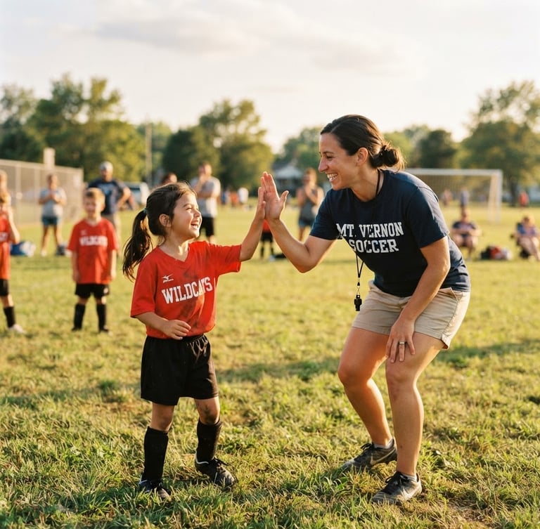 Warm candid portrait of a local volunteer coach high-fiving a young soccer player on a sunny Ohio public field, golden-hour light, 35mm