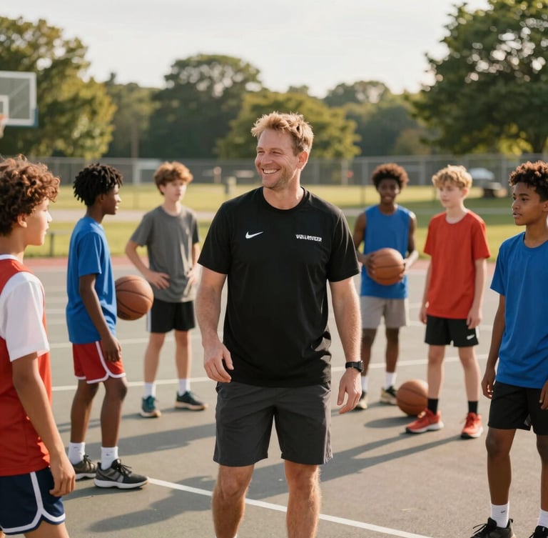 Candid eye-level portrait of a smiling volunteer coach with diverse youth basketball players on an outdoor public court in Ohio, warm afternoon daylight, 35mm.