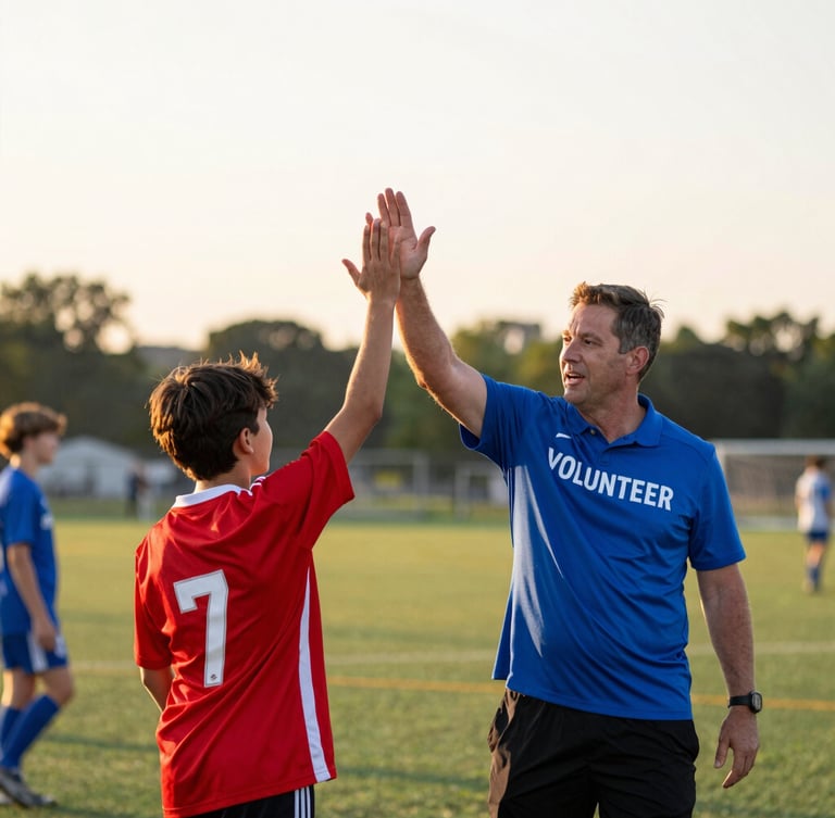 A warm candid portrait of a volunteer coach high-fiving a young soccer player on an outdoor Ohio field during sunset, shallow depth of field, 35mm.