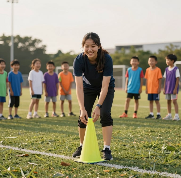A smiling volunteer coach organizing cones on an outdoor grass field with children laughing in the background, warm overcast daylight, natural framing