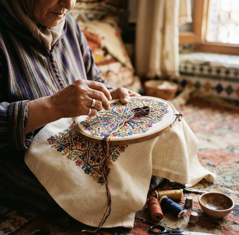 Close-up shot of a woman's hands delicately embroidering a traditional Tetouani pattern with colorful threads, natural Moroccan sunlight illuminating the details, warm editorial photography.