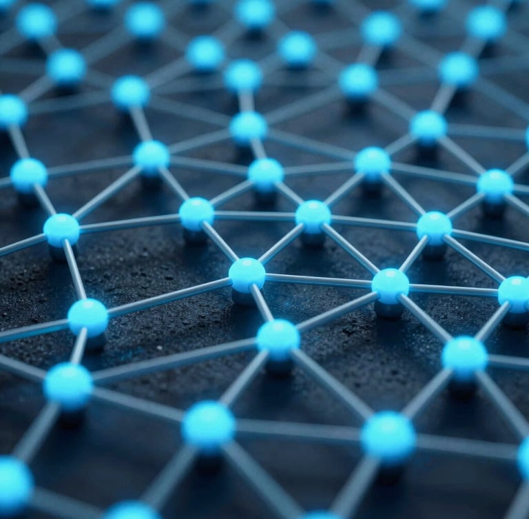 Vista macro de nodos de red tridimensionales interconectados con líneas de luz cian sobre un fondo azul oscuro, estilo tecnológico de precisión.