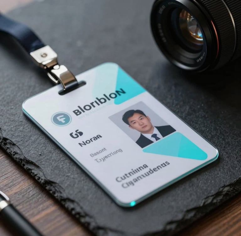 Close-up shot of a sleek physical certification credential resting on a dark slate desk, subtle electric cyan lighting reflecting off a glass corner, clean geometric design.