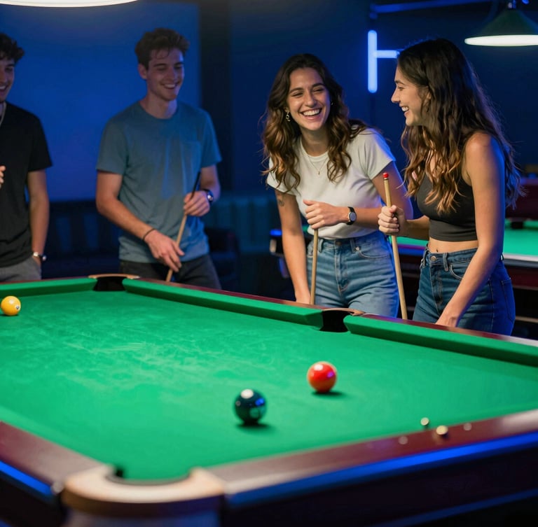 Vibrant low-key photography of friends laughing around a pool table under neon blue and acid green ambient lighting, shallow depth of field, 35mm lens.