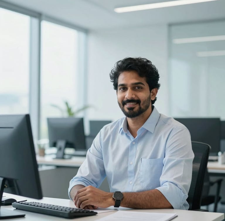 Confident professional portrait of Hari Prasad in a bright, daylight-filled modern office in Kerala, minimalist background, cool blue undertones, sharp focus, 35mm