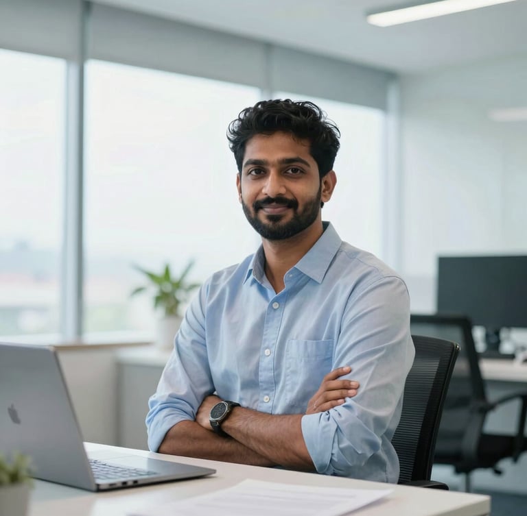Confident portrait of a South Indian digital marketing strategist in a bright, daylight-filled modern office in Kerala, 35mm photography.