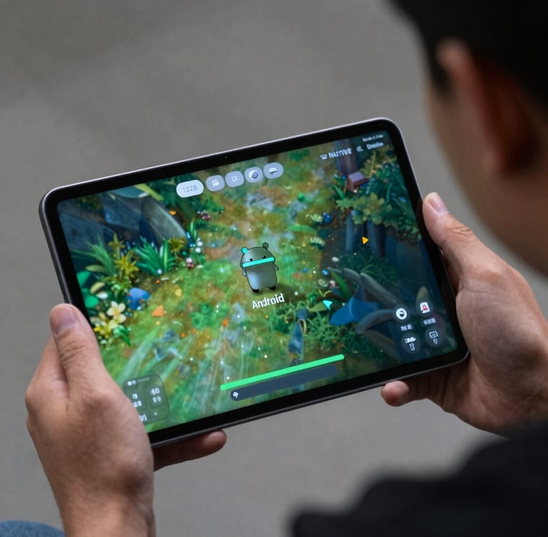 Macro over-the-shoulder shot of a developer profiling a 120Hz native game on an Android tablet, green rim lighting casting on glass.