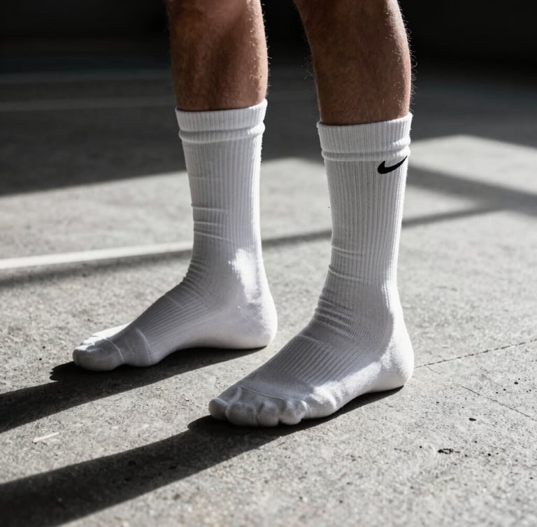 Low-angle action shot of basketball player's feet in high-performance white compression socks on a concrete court, dramatic natural sunlight with strong shadows, high-contrast athletic photography.