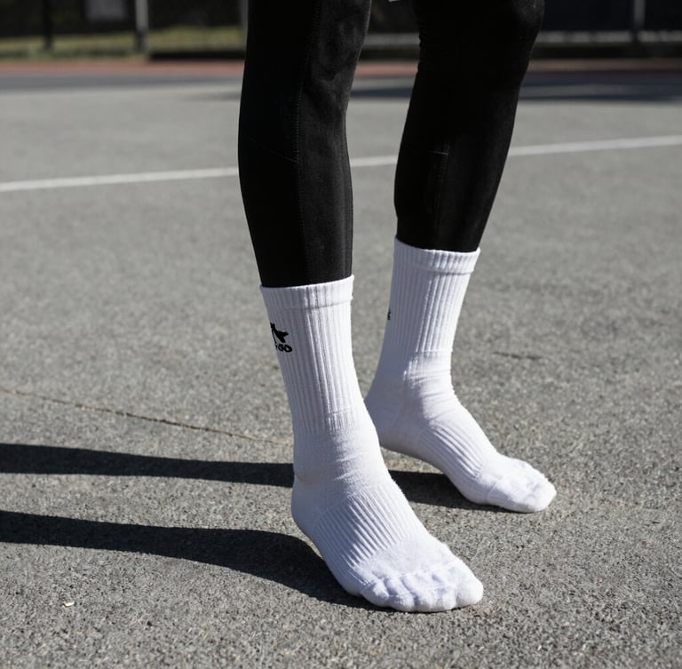 Low-angle action shot of a basketball player wearing custom black and white compression socks on an outdoor concrete court, dramatic sunlight with deep shadows