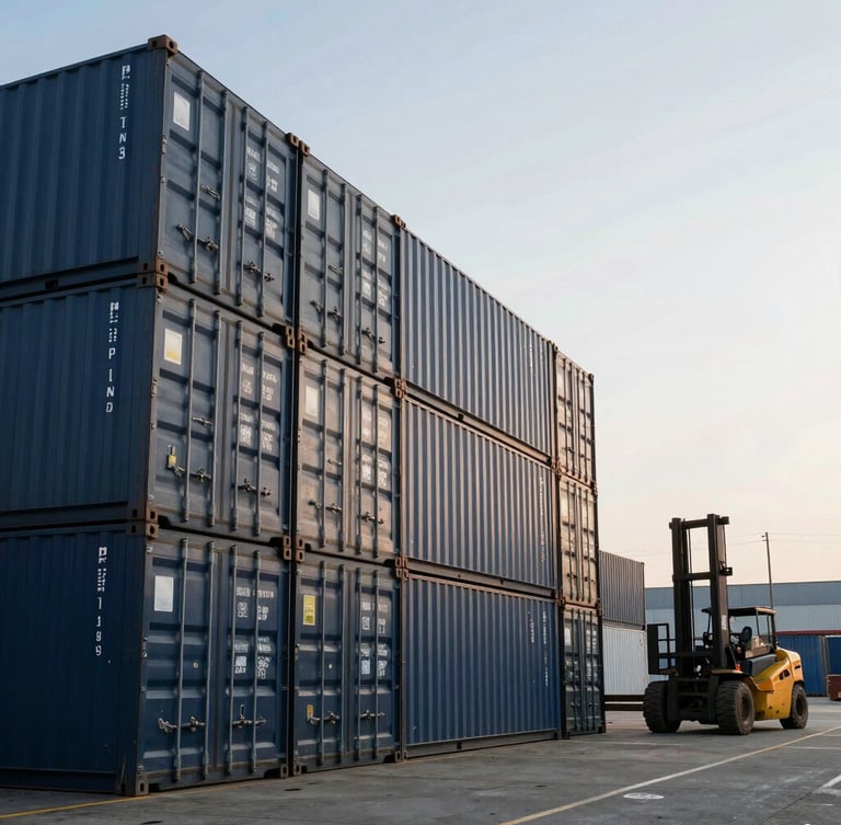 Low-angle heroic shot of premium navy and charcoal shipping containers stacked neatly in a Baltimore yard under crisp morning light, heavy forklift visible in background.