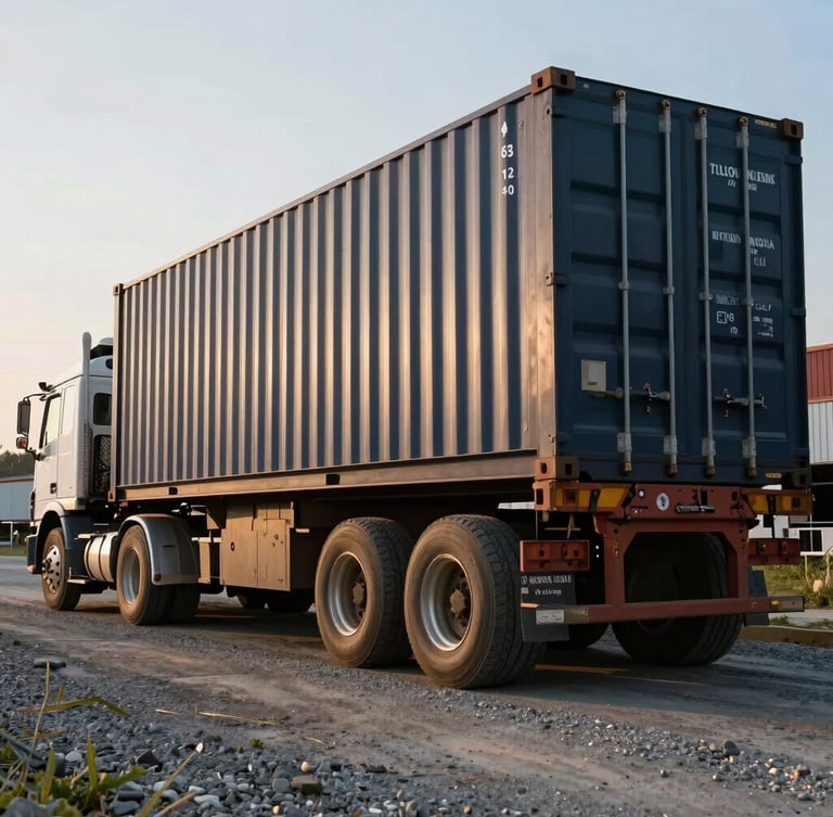 Heroic low-angle shot of a heavy flatbed truck delivering a new 40ft dark navy shipping container onto gravel, crisp morning light catching the steel ridges, industrial Baltimore background.