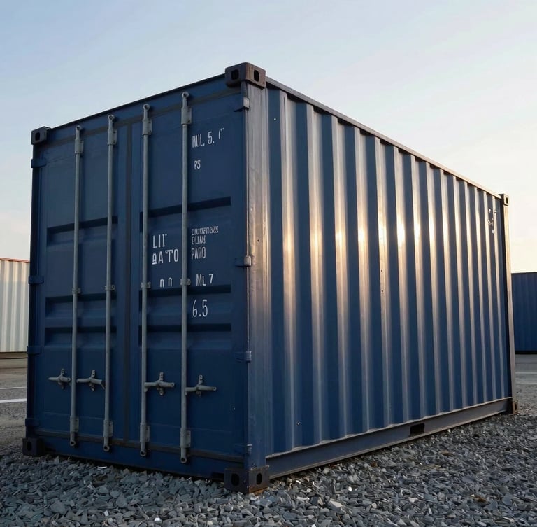 Low-angle heroic shot of a clean, navy blue 40ft shipping container resting in the Baltimore yard, morning sun reflecting off the steel ridges, gravel ground.