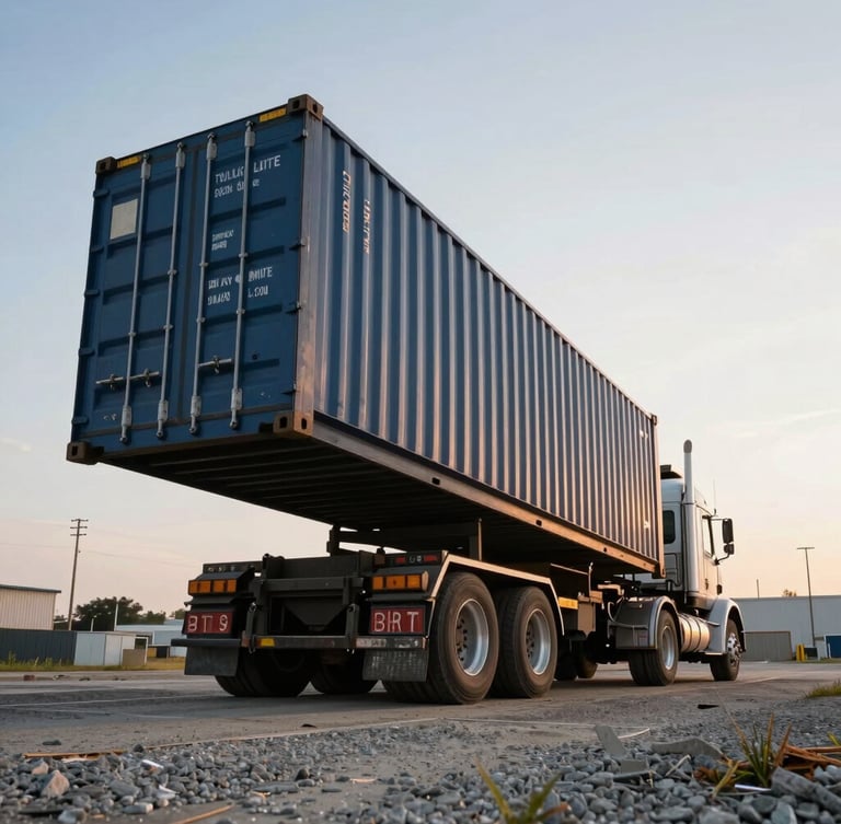 Low-angle heroic shot of a heavy tilt-bed delivery truck sliding a navy blue shipping container onto a level gravel pad in Baltimore, crisp morning light catching the steel ridges.