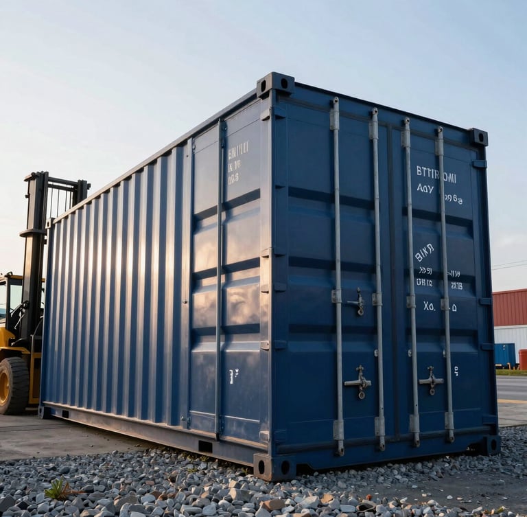 Low-angle heroic shot of a pristine navy blue 20ft shipping container resting on the gravel of our Baltimore yard, crisp morning light highlighting the metallic ridges, heavy-duty forklift visible in the background.
