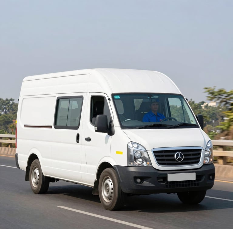 A clean white delivery van on a bright Delhi NCR highway during midday, professional driver wearing a crisp blue uniform visible in the side mirror, high-contrast corporate style.