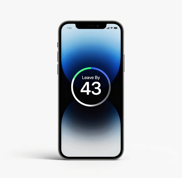 Premium tech product photography, bright clean studio light, minimalist white background, a high-fidelity smartphone showing the TurnPe countdown ring with 'Leave By' time.