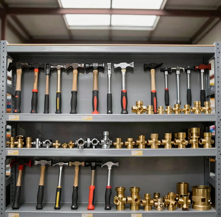 Straight-on eye-level shot of neatly organized warehouse racks holding heavy-duty hand tools, steel hammers, and brass sanitary fittings under natural warehouse skylight.