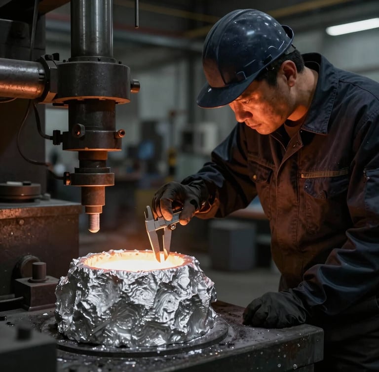 An experienced foundry engineer in dark protective gear inspecting a cooling aluminum casting with precision calipers, dramatic side lighting, deep shadows